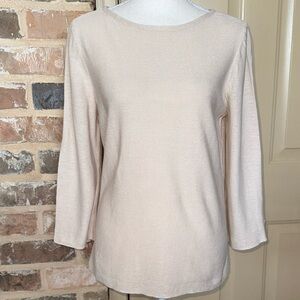 J. Jill Beige Linen Cotton Knit Sweater 3/4 Sleeve Boatneck Vented Hem & Cuffs